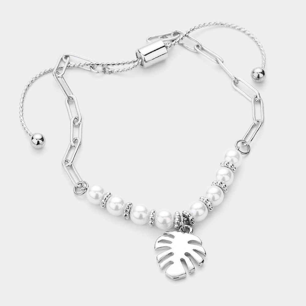 Madeline Love Rhodium Pearl Metal Tropical Leaf Charm Adjustable Pull Tie Bracelet - Bracelets