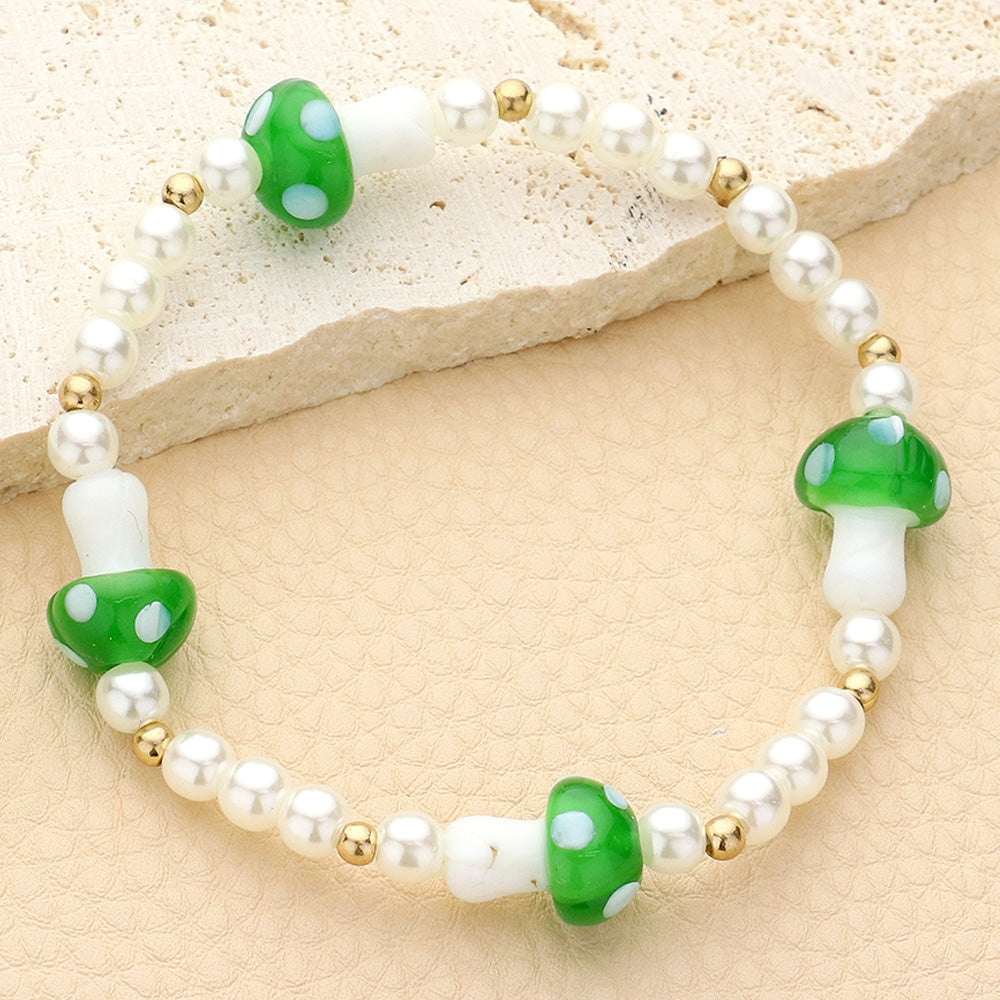 Madeline Love Olive Green, Worn Gold Mushroom Accented Pearl Stretch Bracelet - Bracelets