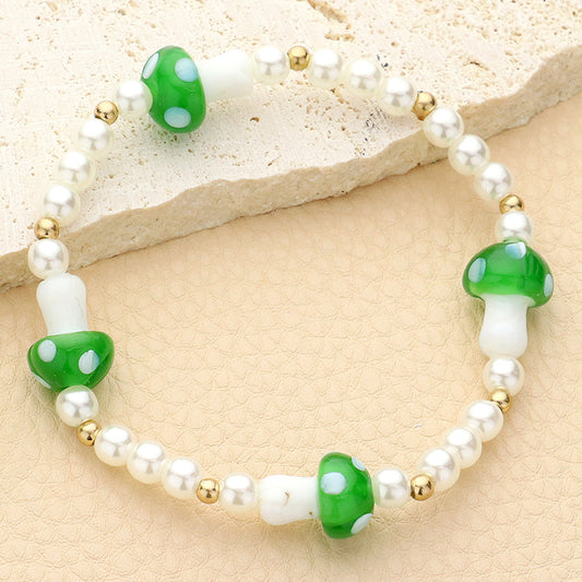Madeline Love Olive Green, Worn Gold Mushroom Accented Pearl Stretch Bracelet - Bracelets
