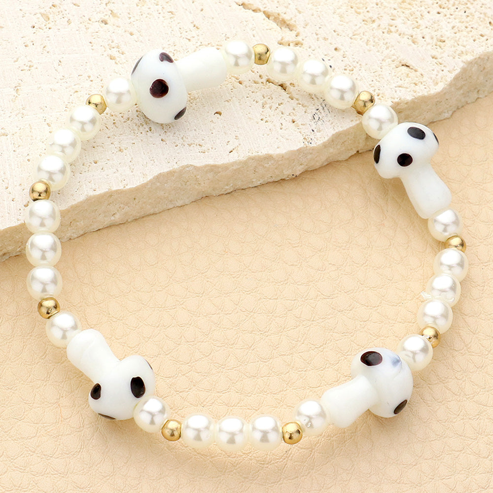 Madeline Love White, Worn Gold Mushroom Accented Pearl Stretch Bracelet - Bracelets
