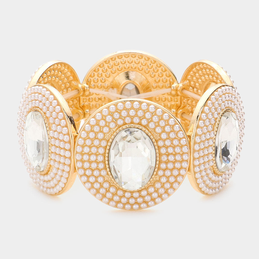 Madeline Love Gold Oval Stone Centered Pearl Cluster Stretch Bracelet - Bracelets