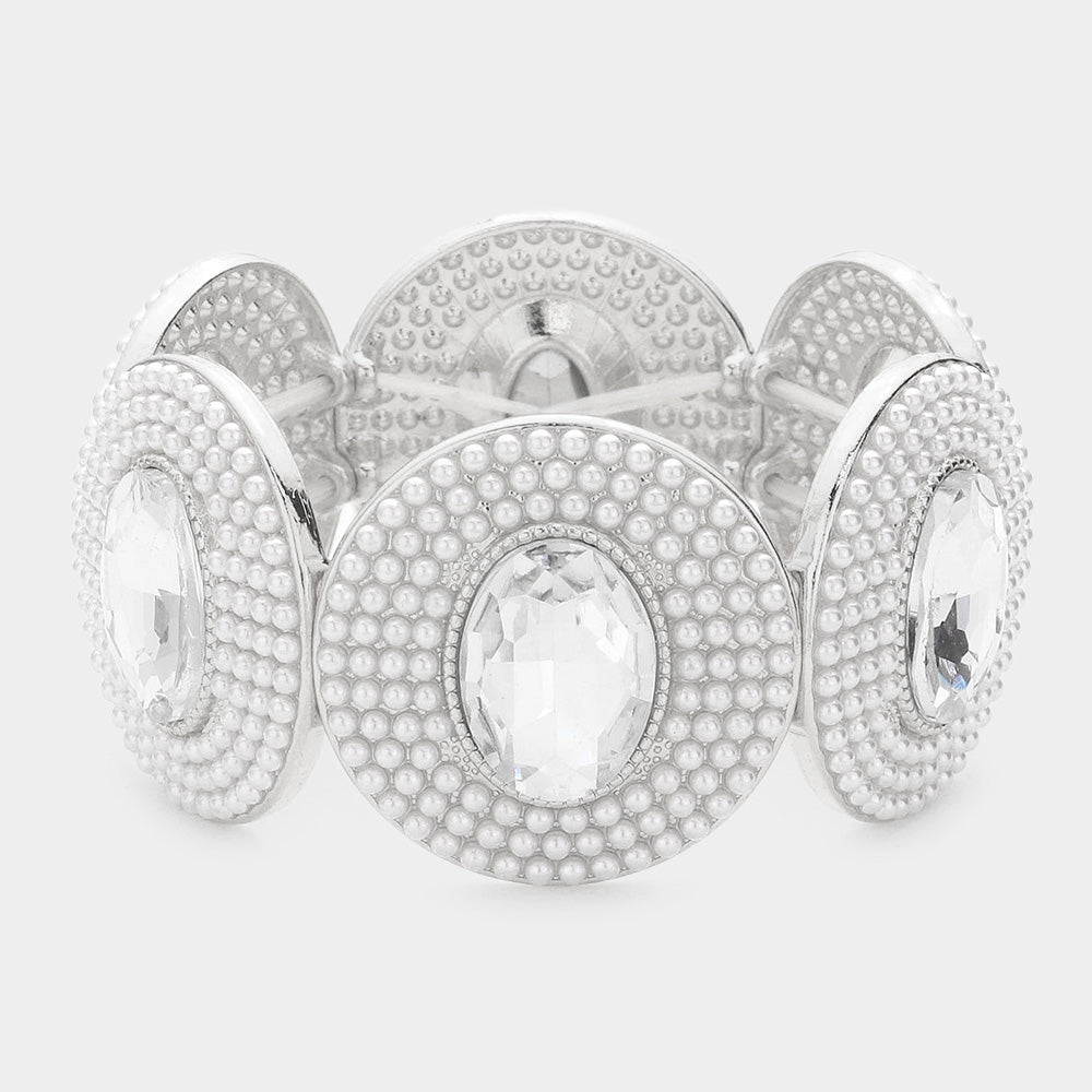 Madeline Love Silver Oval Stone Centered Pearl Cluster Stretch Bracelet - Bracelets