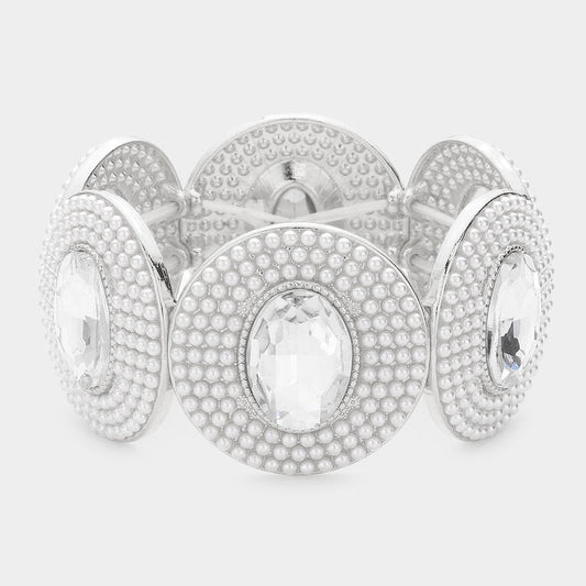 Madeline Love Silver Oval Stone Centered Pearl Cluster Stretch Bracelet - Bracelets