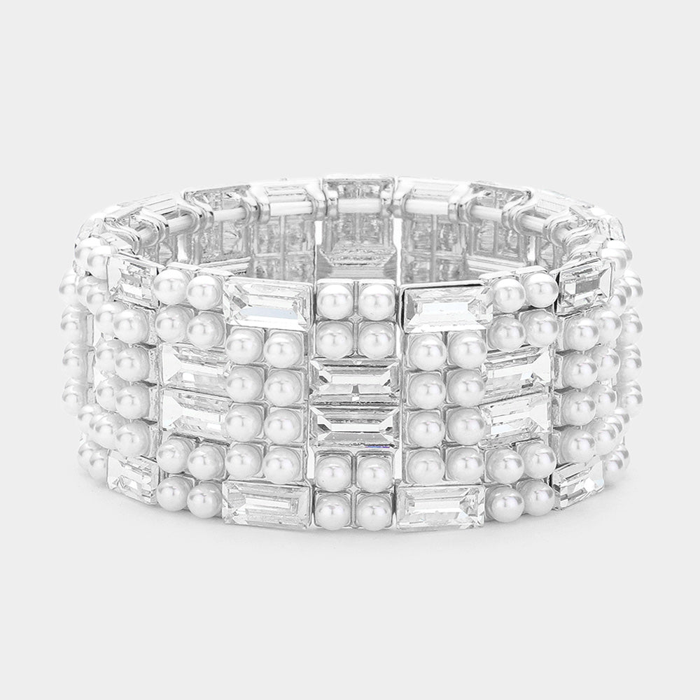 Madeline Love Clear, Silver Baguette Glass Stone Pointed Pearl Embellished Stretch Bracelet - Bracelets