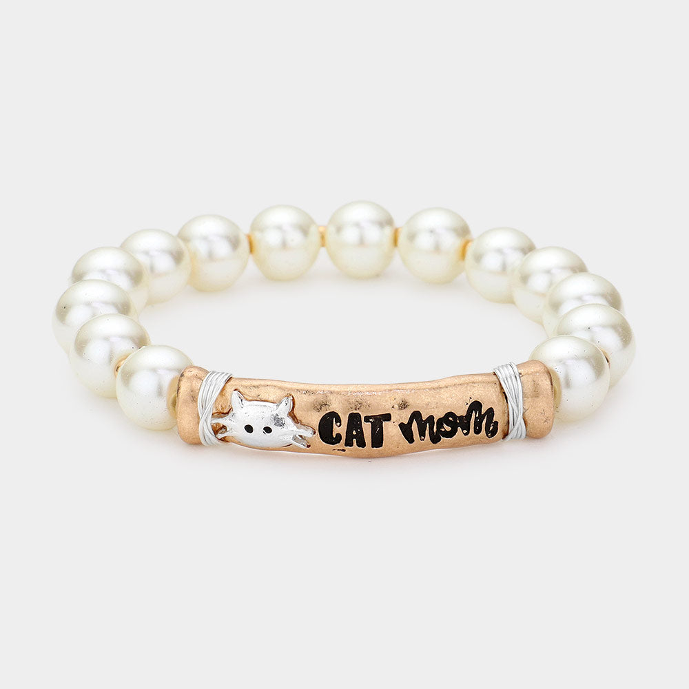 Madeline Love Worn Gold CAT mom Message Pearl Stretch Bracelet - Bracelets