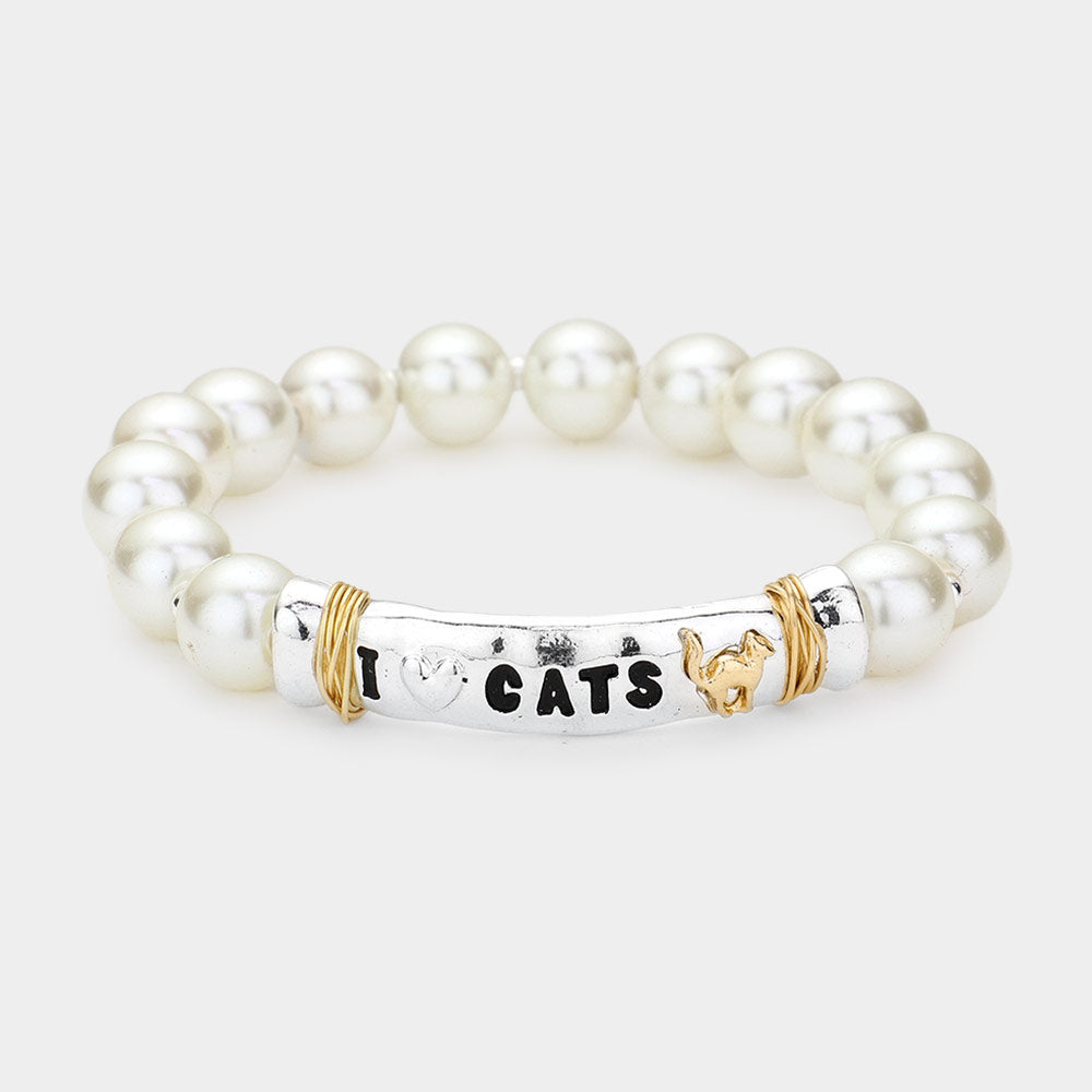 Madeline Love Antique Silver I LOVE CATS Message Pearl Stretch Bracelet - Bracelets
