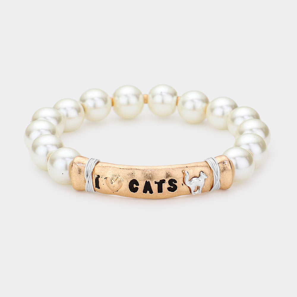 Madeline Love Worn Gold I LOVE CATS Message Pearl Stretch Bracelet - Bracelets