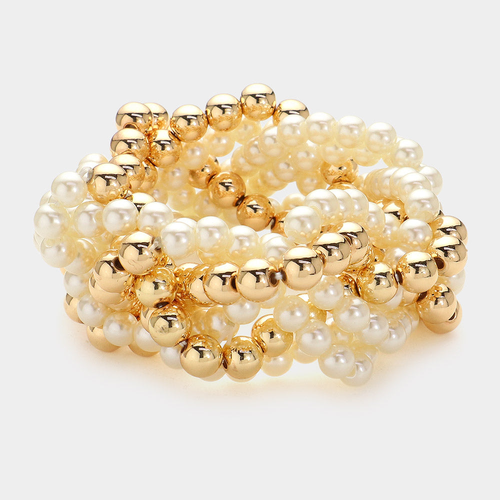 Madeline Love Cream, Gold Pearl Metal Ball Beaded Twisted Stretch Bracelet