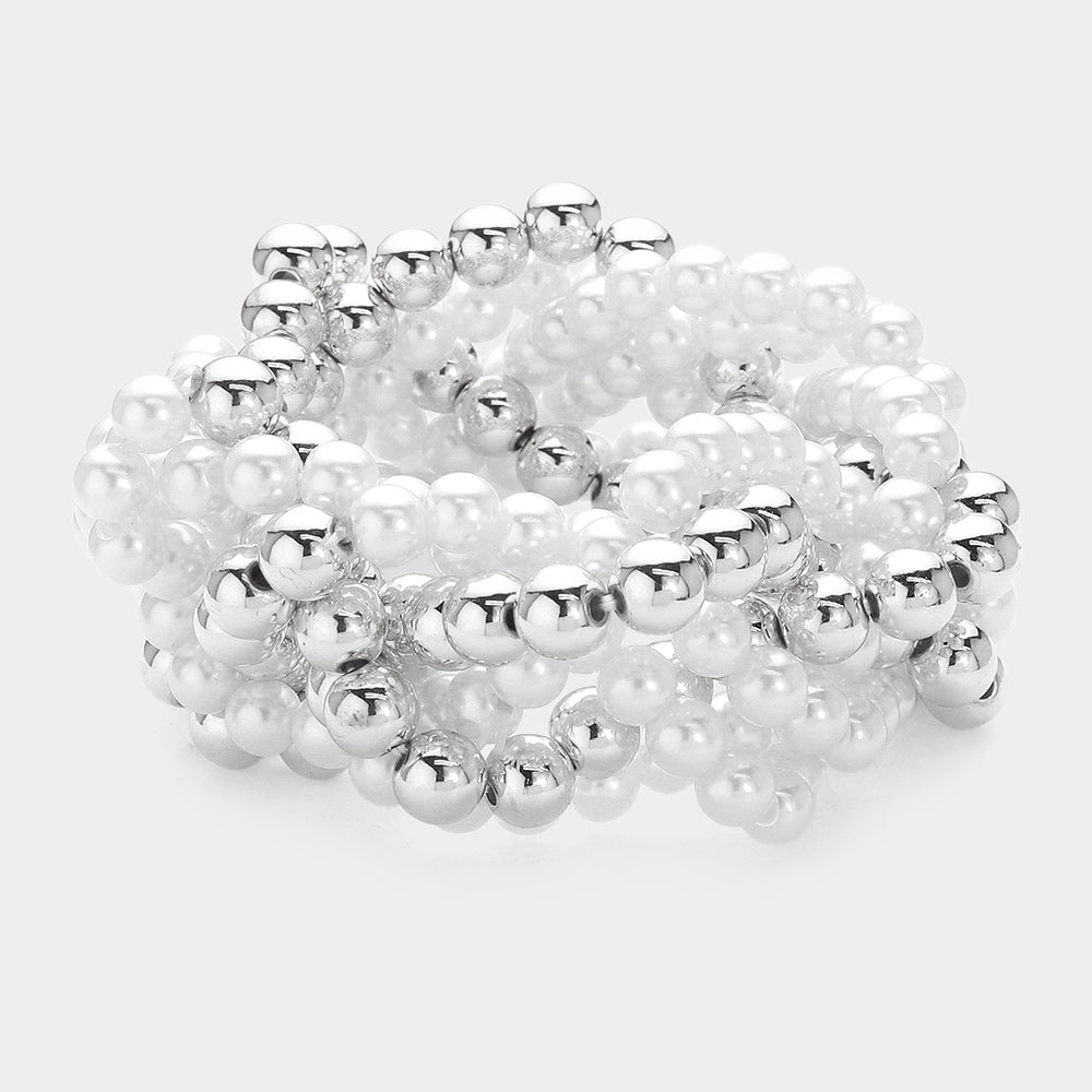 Madeline Love Rhodium, White Pearl Metal Ball Beaded Twisted Stretch Bracelet - Bracelets