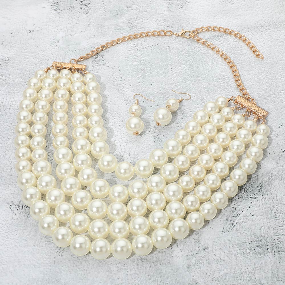 Madeline Love Cream, Gold Pearl Beaded Multi Strand Statement Necklace - Necklaces