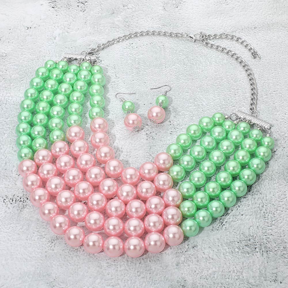 Madeline Love Pink&Green, Rhodium Pearl Beaded Multi Strand Statement Necklace - Necklaces
