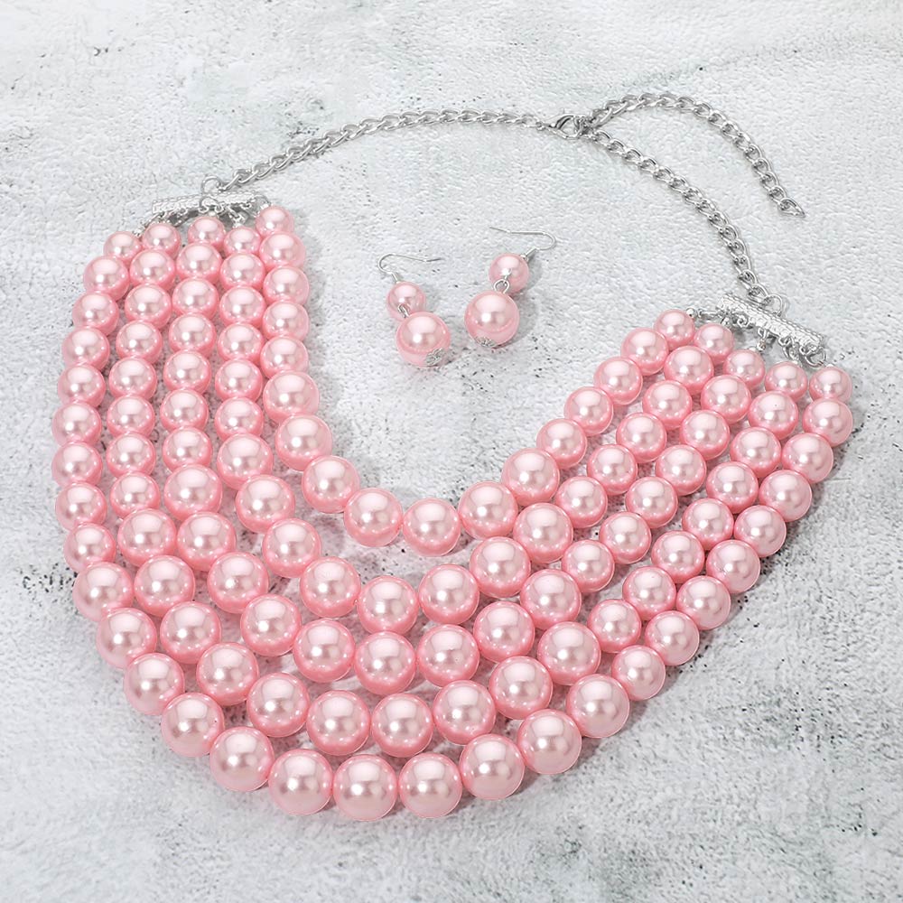 Madeline Love Pink, Rhodium Pearl Beaded Multi Strand Statement Necklace - Necklaces