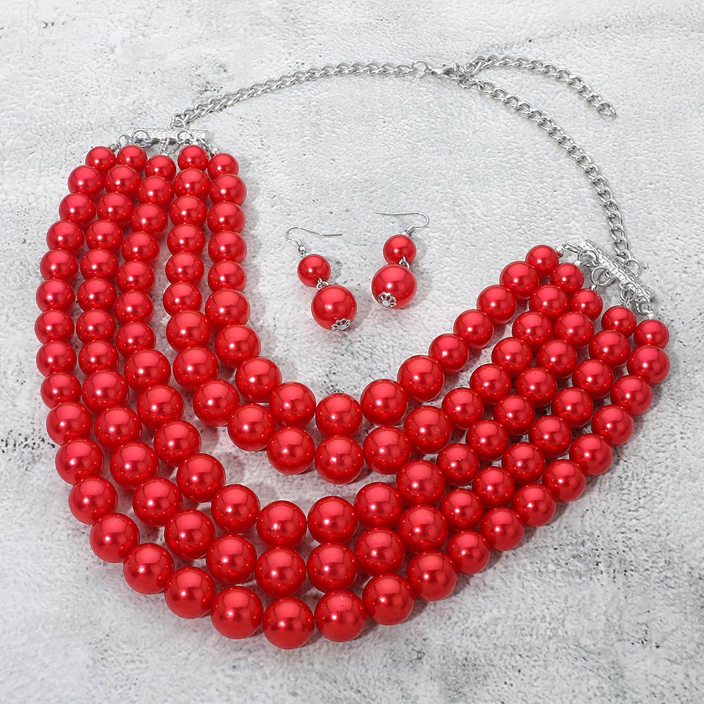 Madeline Love Red, Rhodium Pearl Beaded Multi Strand Statement Necklace - Necklaces