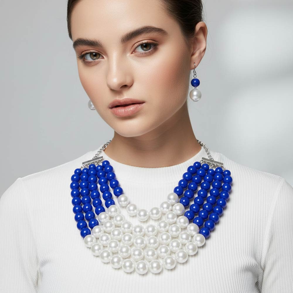 Madeline Love Rhodium, Royal Blue, White Pearl Beaded Multi Strand Statement Necklace - Necklaces