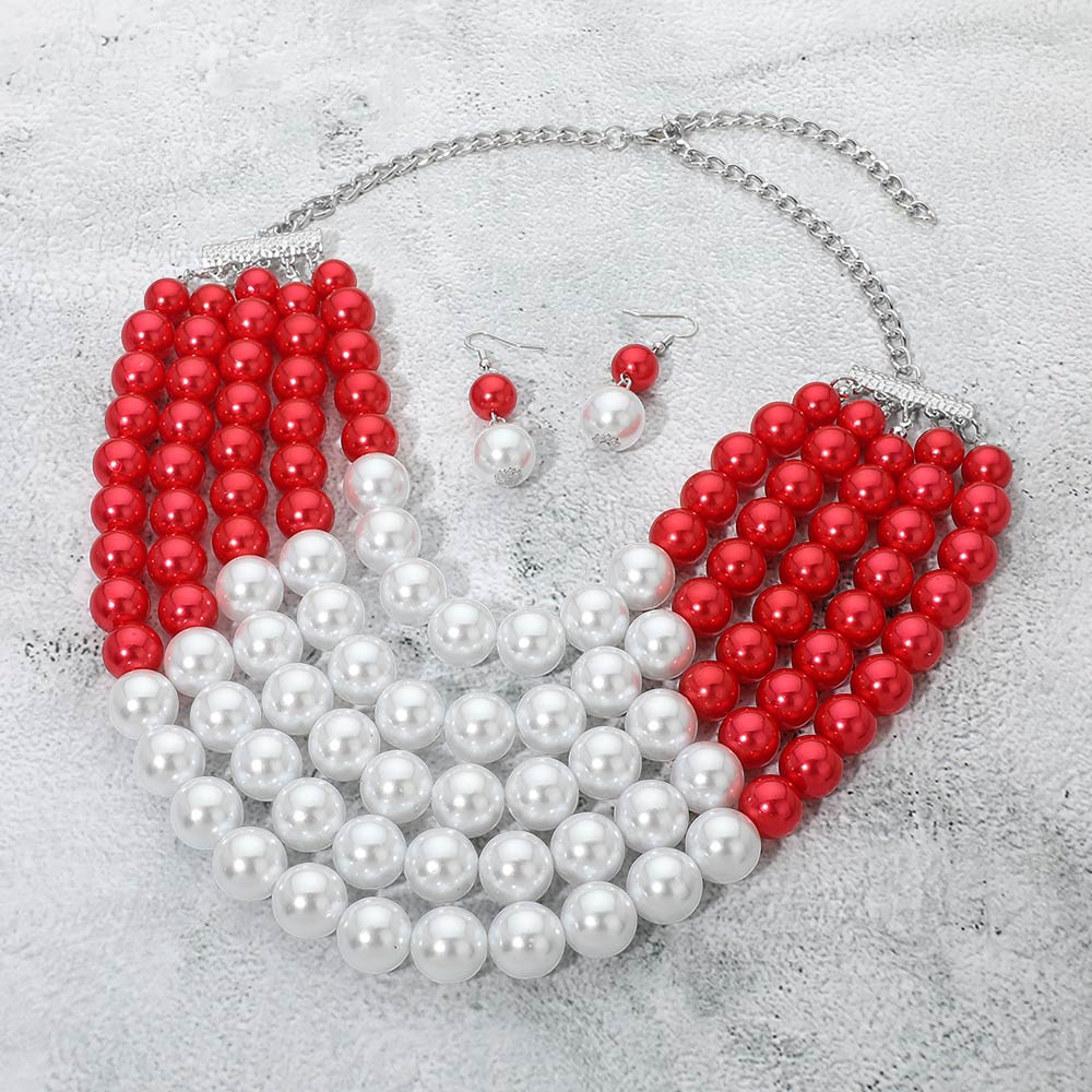 Madeline Love Red, Rhodium, White Pearl Beaded Multi Strand Statement Necklace - Necklaces