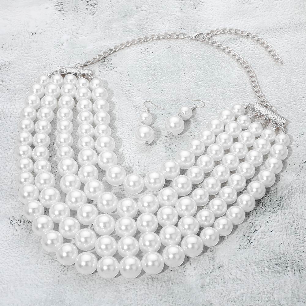 Madeline Love Rhodium, White Pearl Beaded Multi Strand Statement Necklace - Necklaces