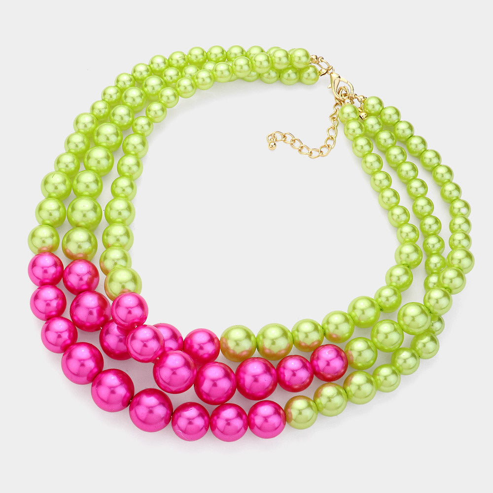 Madeline Love Pink&Green Pearl Layered Chunky Necklace - Necklaces - desc