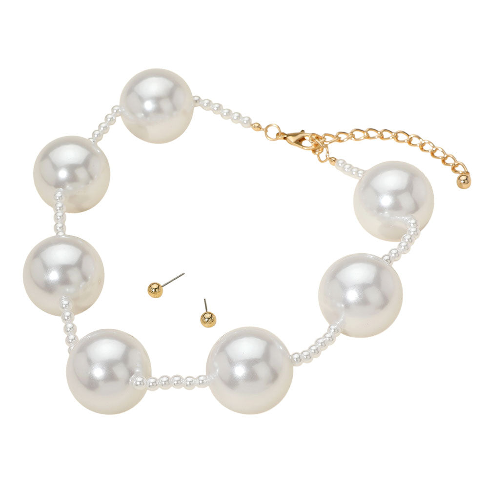 Madeline Love Cream Bold Oversized Pearl Station Beaded Statement Necklace - Necklaces - desc