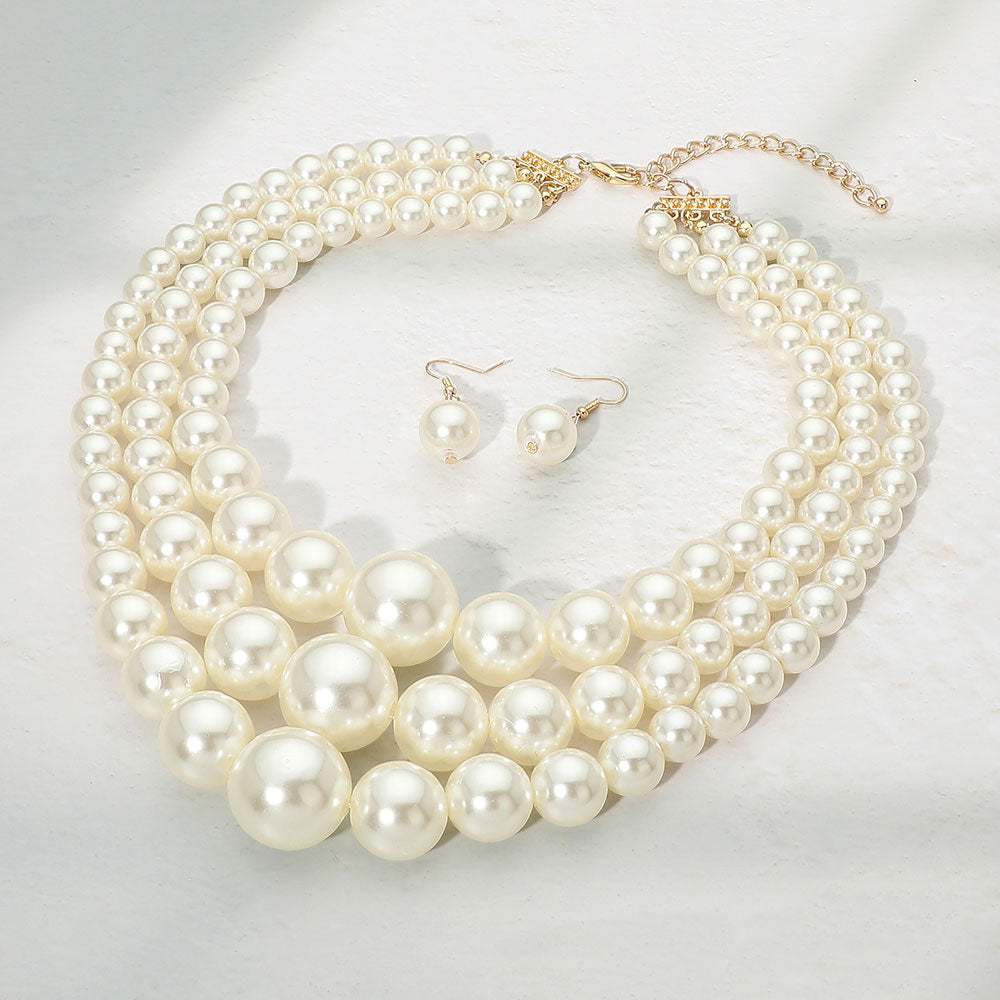 Madeline Love Cream, Gold Triple Layered Pearl Strand Necklace