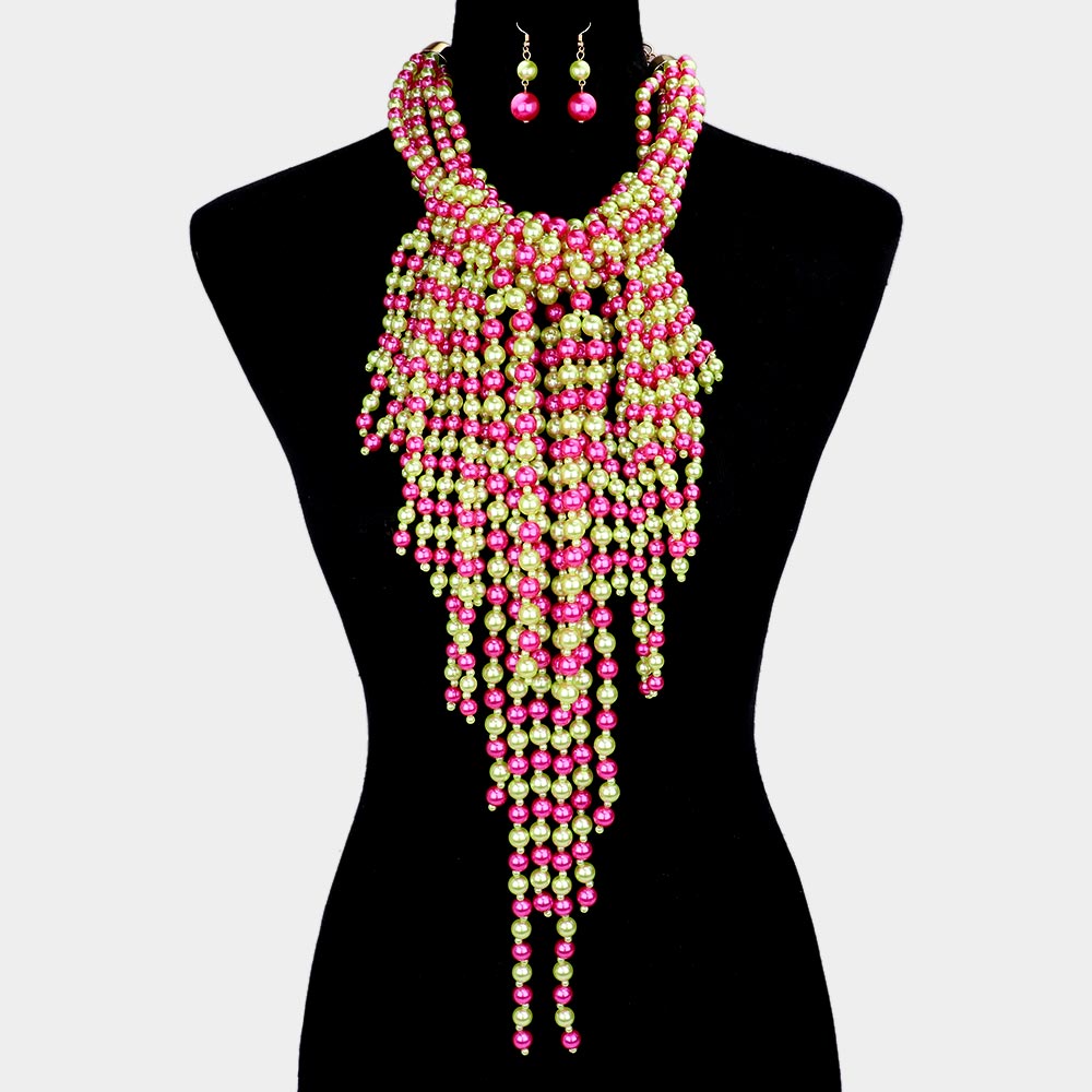 Madeline Love Pink&Green Multi Pearl Strand Statement Necklace - Necklaces