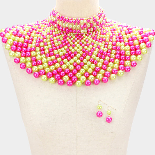 Madeline Love Pink&Green, Multi Pearl armor bib choker necklace - Necklaces