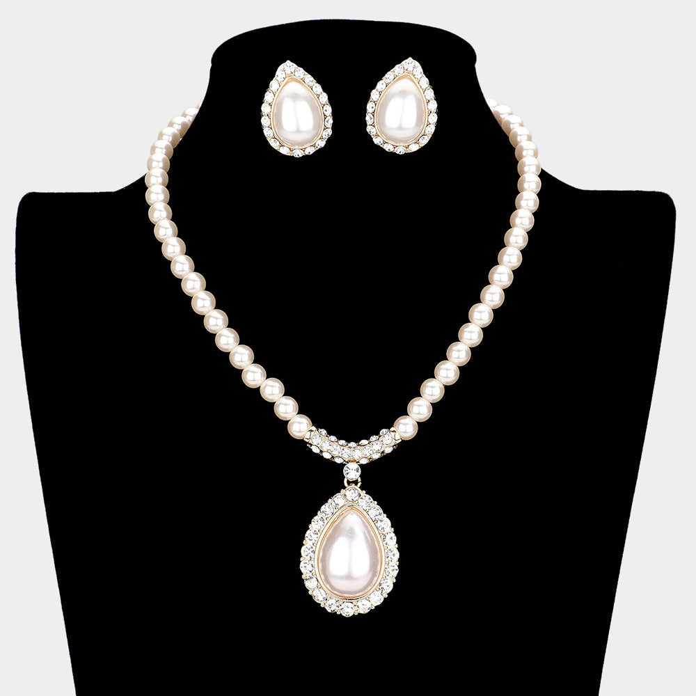 Madeline Love Clear, Cream, Gold Crystal Trim Pearl Pendant Necklace - Necklaces