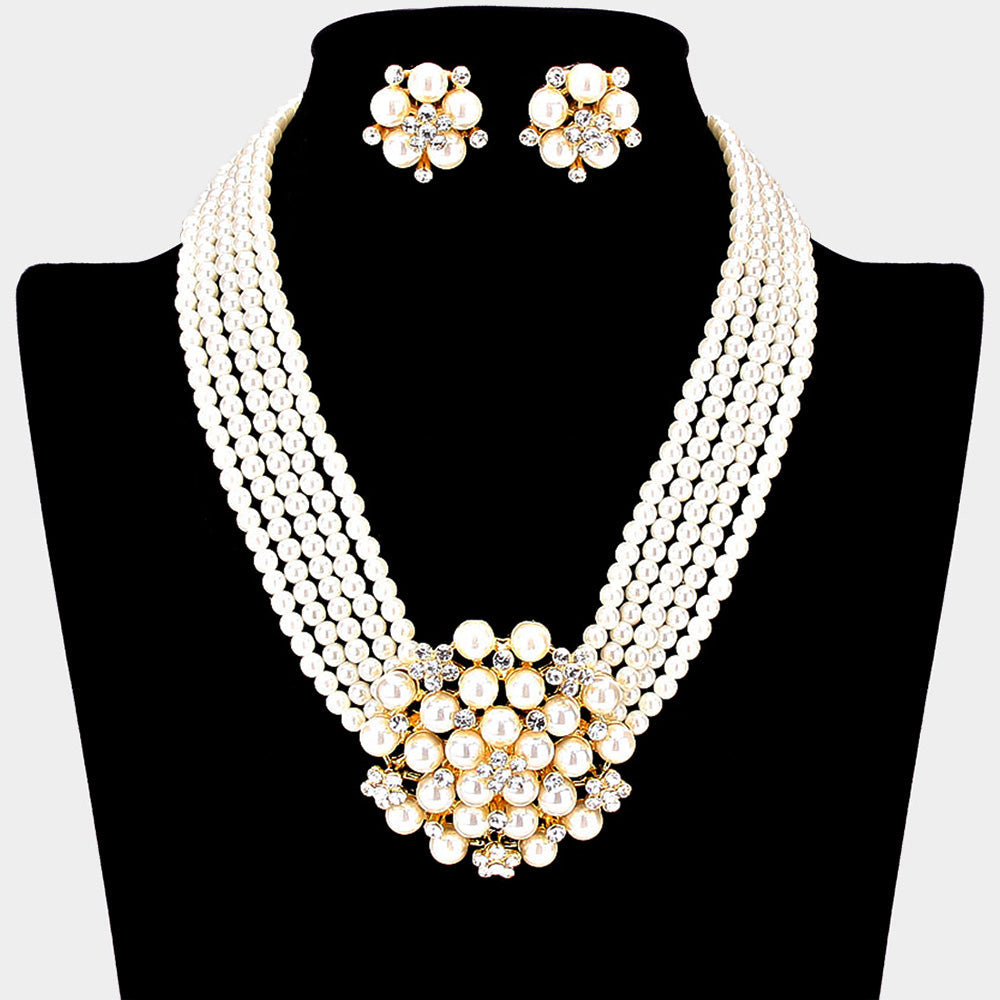Madeline Love Cream Pearl Cluster Flower Necklace Clip on Earring set - Necklaces