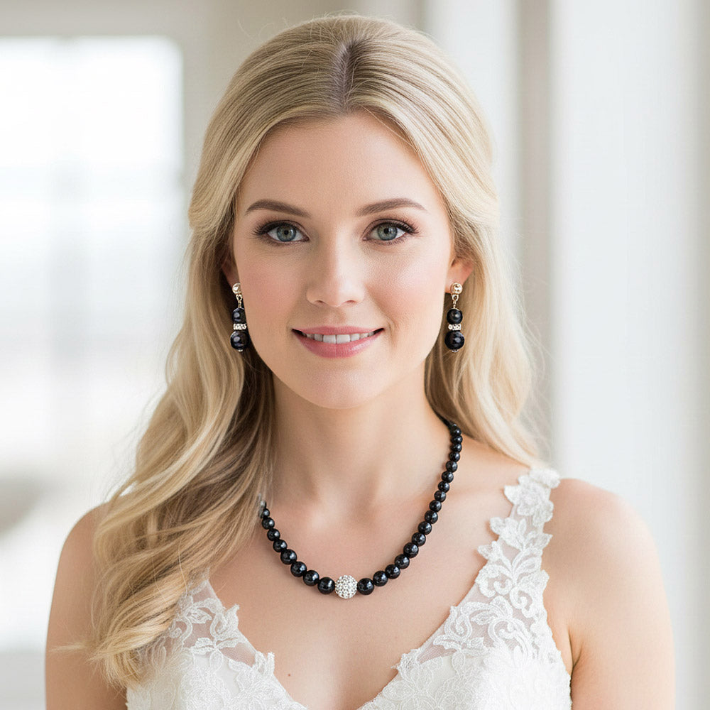 Madeline Love Black, Gold Pave Ball & Pearl Strand Necklace