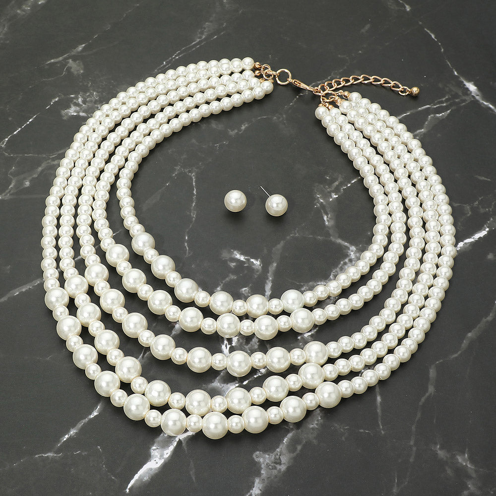 Madeline Love Cream, Gold Classic Pearl Beaded Multi Strand Statement Necklace - Necklaces