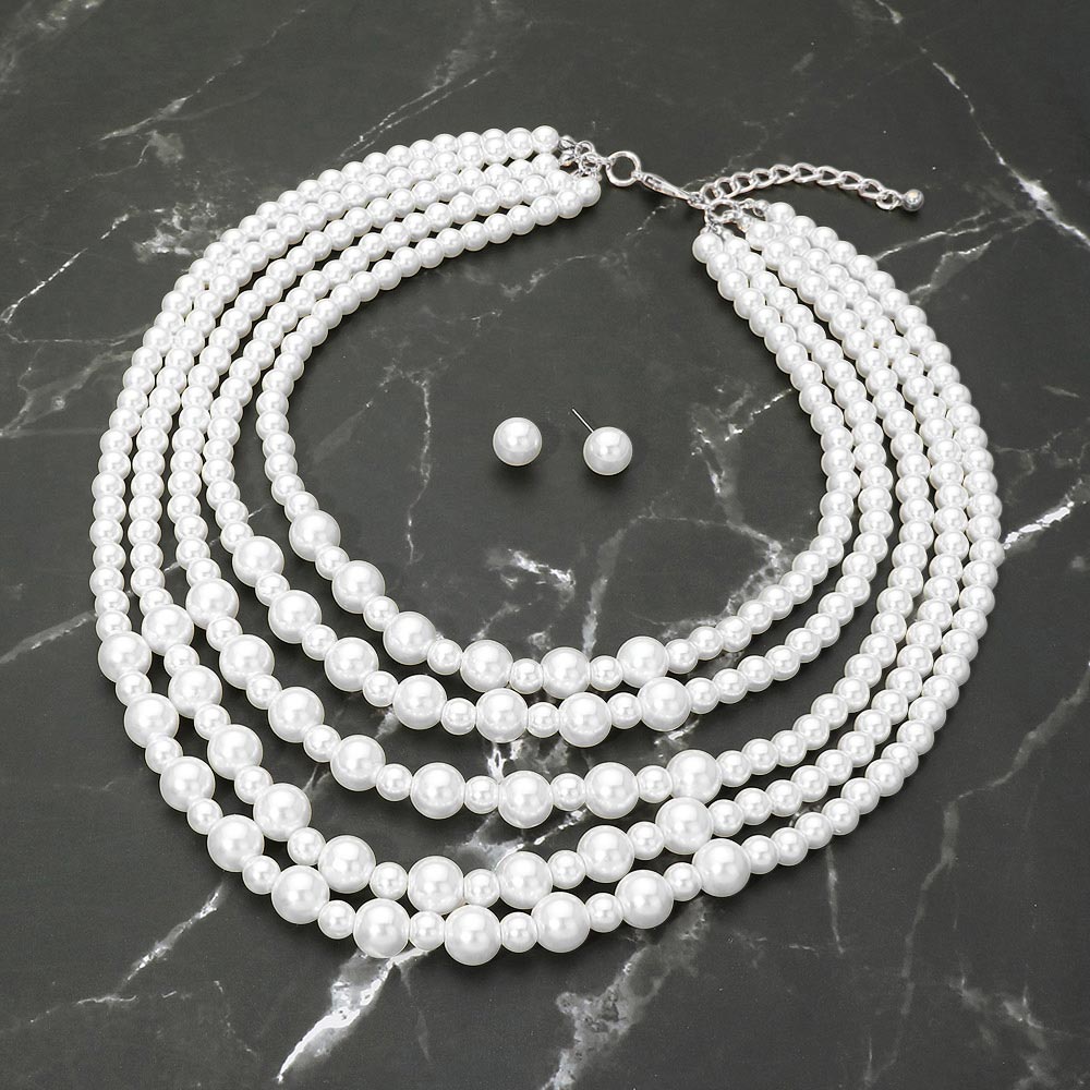 Madeline Love Rhodium, White Classic Pearl Beaded Multi Strand Statement Necklace - Necklaces