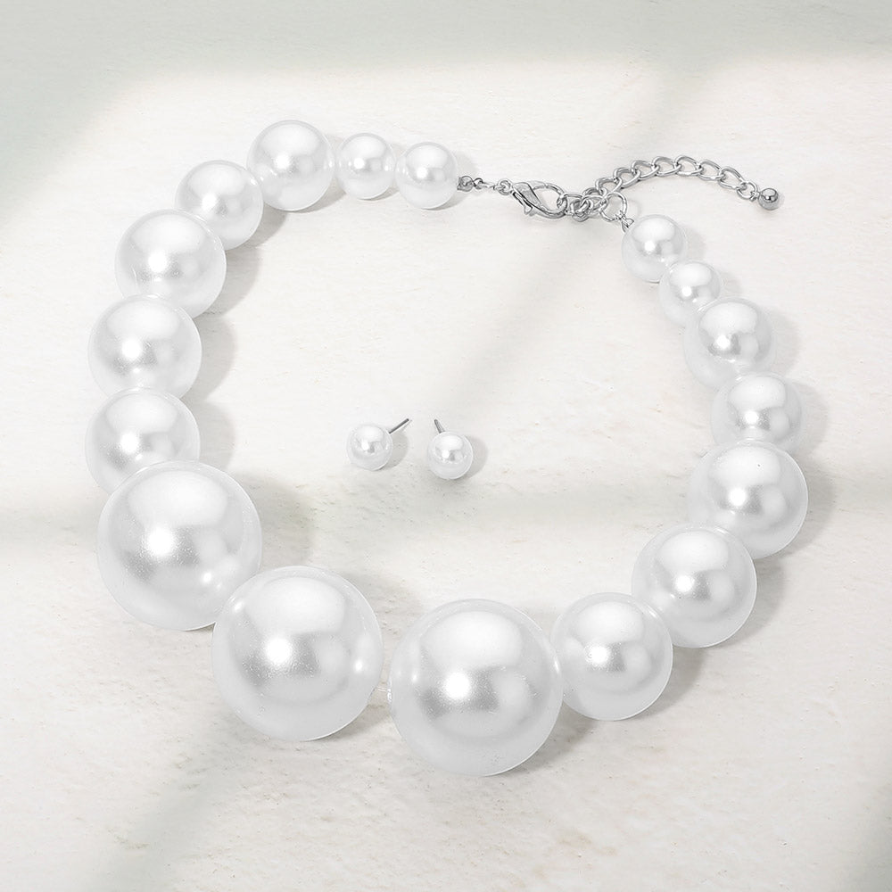 Madeline Love Rhodium, White Chunky Oversized Pearl Beaded Statement Necklace