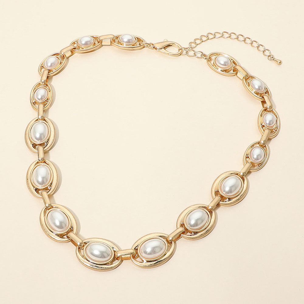 Madeline Love Cream, Gold Chunky Oval Pearl Cluster Link Statement Necklace