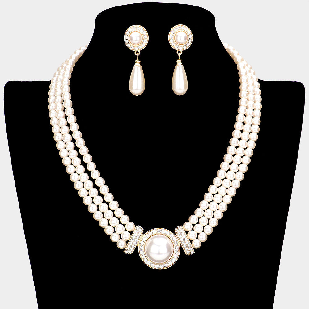 Madeline Love Cream, Gold 3 Row Pearl Necklace - Necklaces