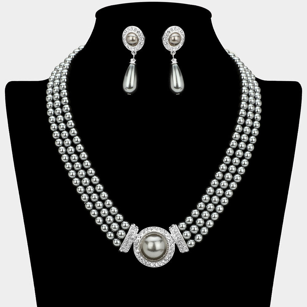 Madeline Love Hematite, Silver 3 Row Pearl Necklace - Necklaces