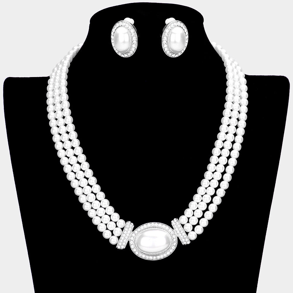Madeline Love Silver, White Rhinestone Trimmed Pearl Necklace - Necklaces