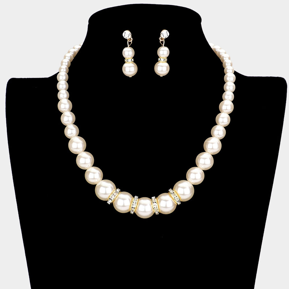 Madeline Love Cream, Gold Crystal Detail Pearl Strand Necklace - Necklaces