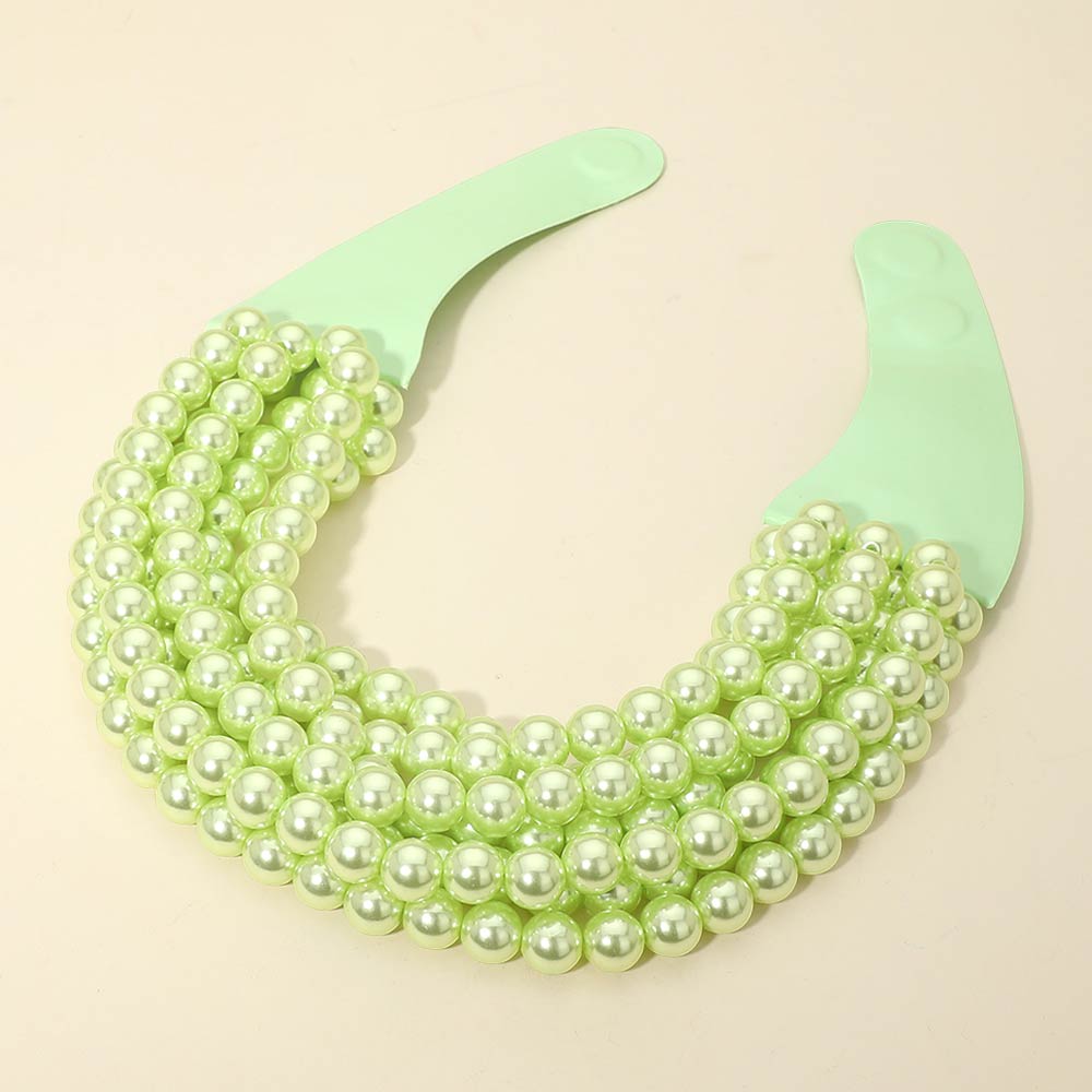 Madeline Love Green, Light Multi Layered Pearl Beaded Collar Magnetic Necklace - Necklaces