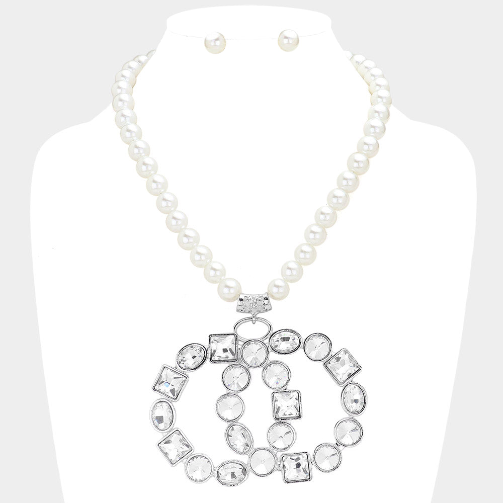 Madeline Love Clear, Rhodium Multi Stone Embellished Double Open Circle Link Pendant Pearl Necklace - Necklaces