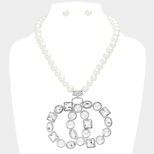 Madeline Love Clear, Rhodium Multi Stone Embellished Double Open Circle Link Pendant Pearl Necklace - Necklaces