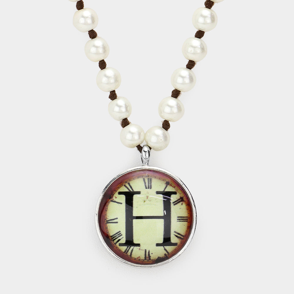 Madeline Love Cream, Rhodium -H- Initial Monogram Pearl Beaded Watch Printed Long Necklace - Necklaces