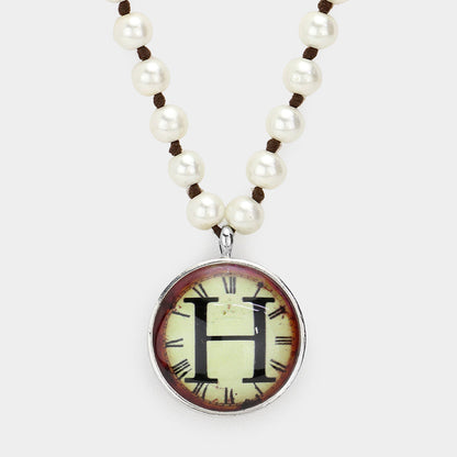 Madeline Love Cream, Rhodium -H- Initial Monogram Pearl Beaded Watch Printed Long Necklace - Necklaces