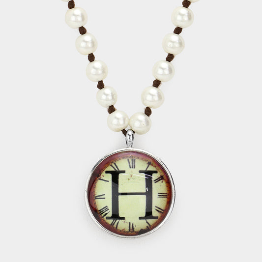 Madeline Love Cream, Rhodium -H- Initial Monogram Pearl Beaded Watch Printed Long Necklace - Necklaces