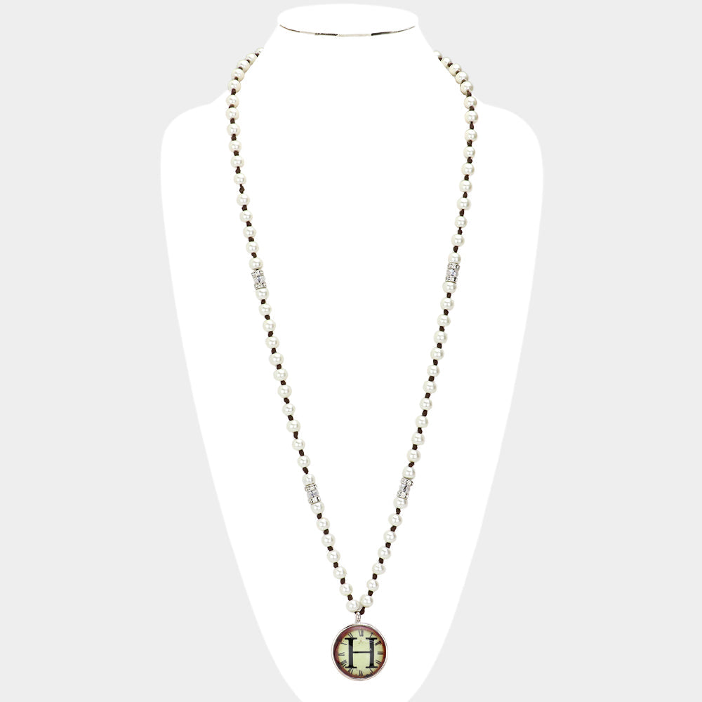 Madeline Love Cream, Rhodium -H- Initial Monogram Pearl Beaded Watch Printed Long Necklace - Necklaces - desc