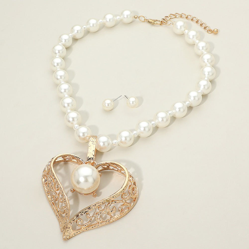 Madeline Love Cream, Gold Bold Pearl Accent Heart Pendant Chunky Pearl Necklace - Necklaces