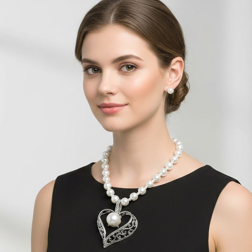 Madeline Love Rhodium, White Bold Pearl Accent Heart Pendant Chunky Pearl Necklace - Necklaces
