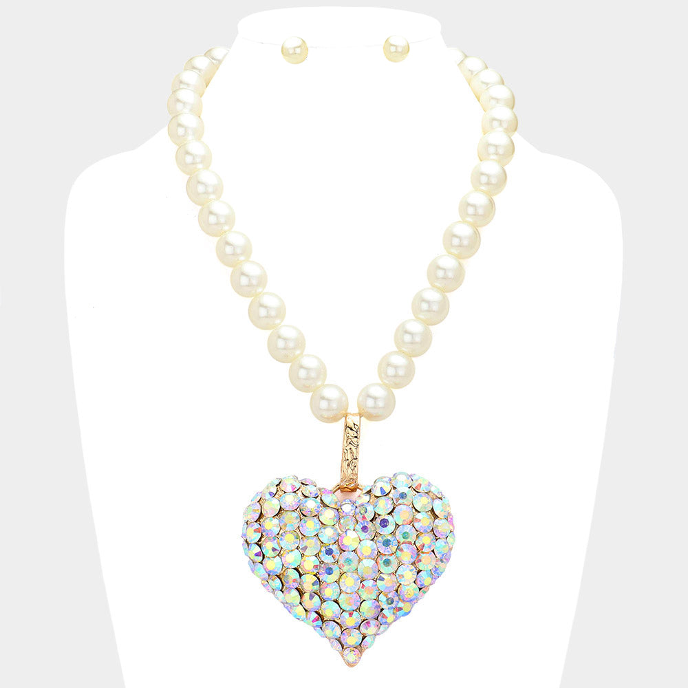 Stone Paved Heart Pendant Pearl Necklace