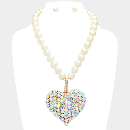 Stone Paved Heart Pendant Pearl Necklace