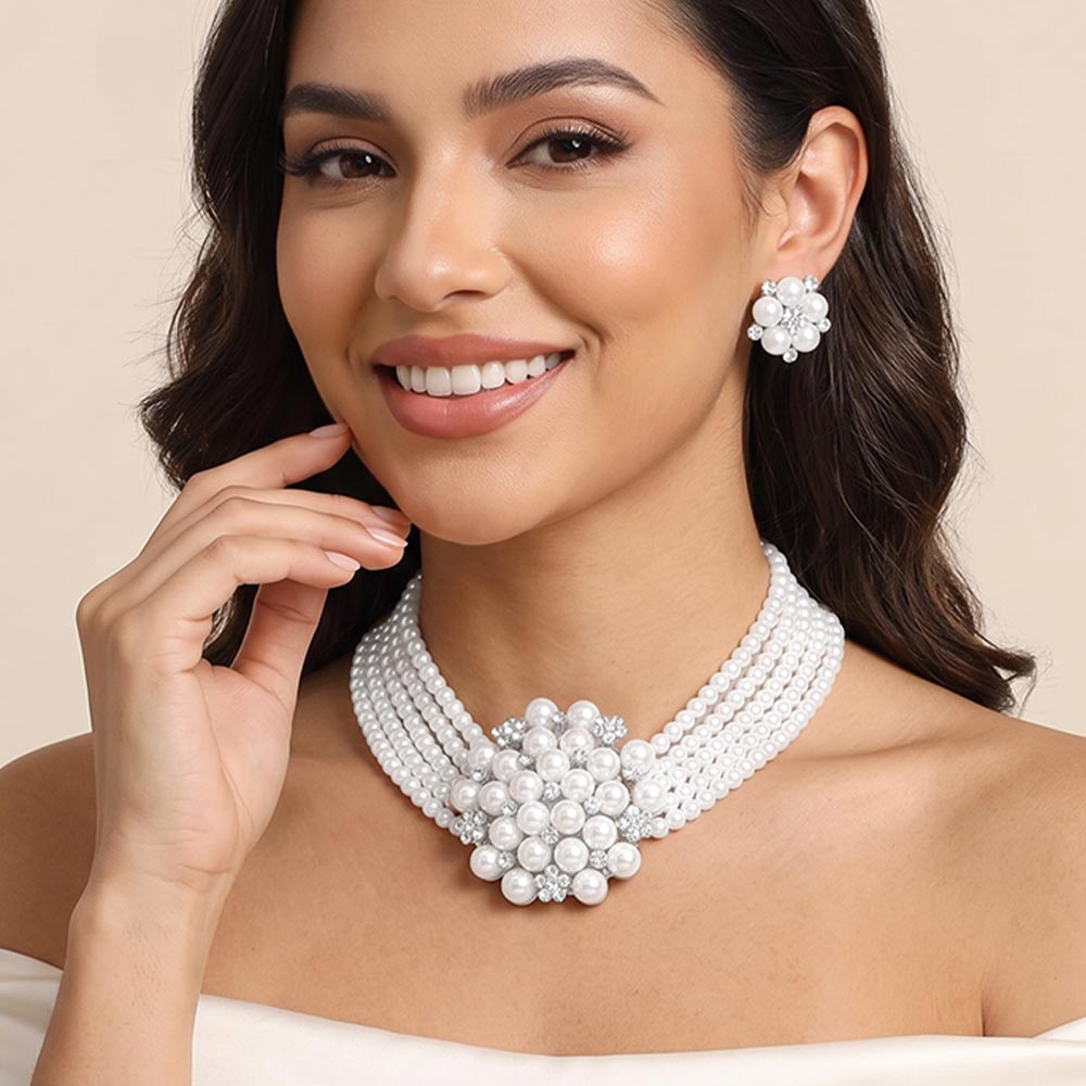 Madeline Love Rhodium, White Pearl Cluster Accent Multi Strand Necklace