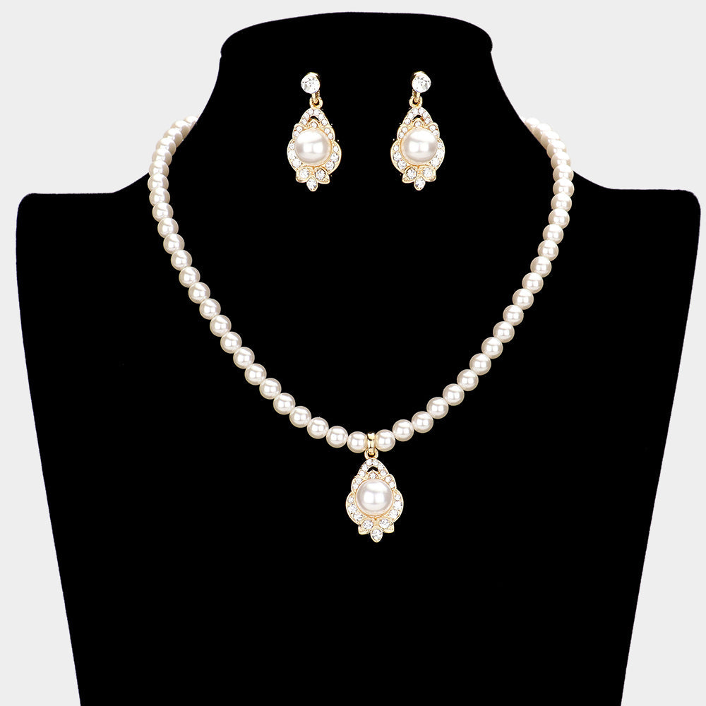 Madeline Love Cream Pearl Centered Rhinestone Embellished Pendant Necklace - Necklaces