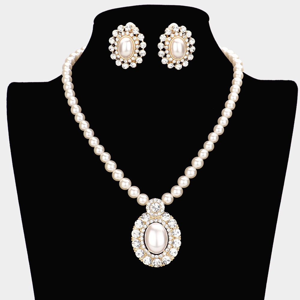 Madeline Love Cream Oval Pearl Centered Bubble Stone Trimmed Pendant Necklace Clip On Earring Set - Necklaces